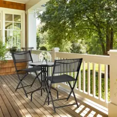 Tangkula 3-Piece Patio Bistro Dining Furniture Set, Outdoor Patio Conversation Set with Round Black Tempered Glass Tabletop and 2 Folding Chairs
