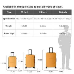Syemin Luggage Sets ABS Hardshell 3pcs Luggage, Lightweight Durable Suitcase Sets Spinner Wheels Suitcase 20"24"28", Yellow, 19.88"*10.63"*29.92"