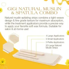 GiGi Natural Muslin Epilating Strips and Applicators  - 20 Strips and 10 Applicators - For All Soft Waxes