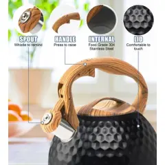 Itopfox Stainless Steel Whistling Tea Kettle with Wood Handle for Stovetop, 3.2 Qt Capacity, Suitable for Gas & Electric Cooktops, Black