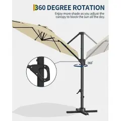10FT Offset Patio Umbrella, 360&deg; Rotating Round Canopy with Locking Handle, Heavy Duty Aluminum Frame & Cross Base for Balcony/Garden