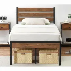 WhizMax Bed Frame with Headboard Footboard, Rustic Brown Wood Farmhouse Metal Platform Bedframe with Wooden Slat