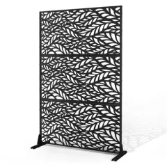 TOAOTBNBO Metal Privacy Screen with Stand, Decorative Privacy Fence Panels with Leaf Pattern, Outdoor Privacy Screen for Garden, Black