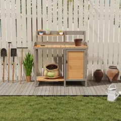 PAGED Potting Bench with Storage Cabinet and Open Shelves,Wood Farmhouse Outdoor Storage Cabinet,Potting Table for Garden,Backyard
