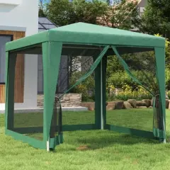 vidaXL Party Tent with Powder-Coated Iron Frame and HDPE Cover, Weather and UV Resistant with Mesh Sidewalls, Green, Dimensions: 98.4"x98.4"x96.5"