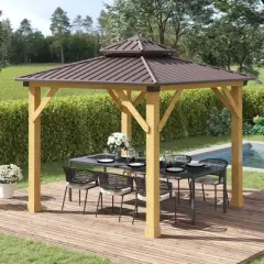 Outsunny&nbsp;10x10&nbsp;Hardtop&nbsp;Gazebo&nbsp;with&nbsp;Wooden&nbsp;Frame,&nbsp;Permanent&nbsp;Metal&nbsp;Roof&nbsp;Gazebo&nbsp;Canopy&nbsp;with Ceiling Light Hook for&nbsp;Garden,&nbsp;Patio,&nbsp;Backyard