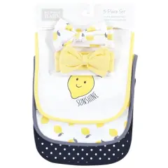 Hudson Baby Infant Girl Cotton Bib and Headband or Caps Set, Navy Lemon, One Size