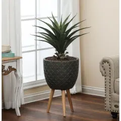 LuxenHome Butterfly Embossed Brown 14.7" Round MgO Planter with Wood Legs