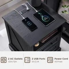 18" Farmhouse Nightstand with Charging Station, End Table with 2 Drawers Storage for Bedroom, Living Room