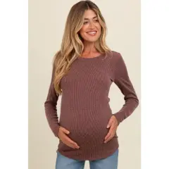 PinkBlush Brown Ribbed Scoop Neck Long Sleeve Maternity Top