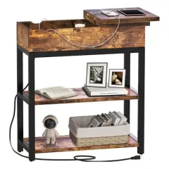 FABATO End Table and Nightstand with USB Charging Station and Power Supply Cord, For Living Rooms and Bedrooms, Features Flip Top Shelf, Rustic Brown
