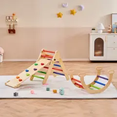 VEVOR Pikler Triangle Set, 5 in 1 Toddler Climbing Toys Indoor Playground, Ramp, and Arch, Montessori Climbing Set for Toddlers 1-3 Years, Colorful