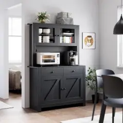 Freestanding Pantry Cabinet with 4 Doors and Adjustable Shelves With Large-Capacity Storage Cabinet with Microwave Stand & Coffee Bar Cabinet