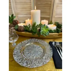 Essential Decor & Beyond 13.2" Modern Round Glass Charger with Silver Floral Pattern Set of 4