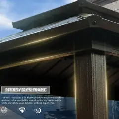 DOMETOUR 6x10FT Hardtop Grill Gazebo with Double Steel Roof, 2 Cabinets & Ceiling Hooks for Patio, Backyard, Lawn, Brown