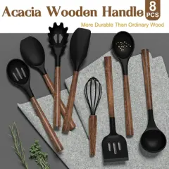 BRINJOY 8-Piece Silicone Spatula Set - Natural Acacia Wood Handle Kitchen Utensils