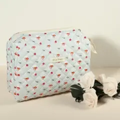 Unique Bargains Women's Travel Portable Cotton Large Cute Floral Pattern Makeup Bag Blue 1 Pc