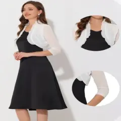 Allegra K Women's Mesh 3/4 Sleeves Open Front Elegant Ruffle Crop Bolero Shrugs