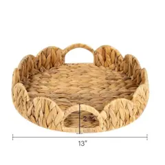 BRINJOY Scalloped Round Water Hyacinth Tray - Handwoven Rattan Tray with Handles
