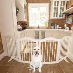 KWPZQEB Wooden Freestanding Foldable Pet Gate, 27.6" 4 Panels Step Over Fence with 2 pcs Support Feet Ideal for Stairs, Doorways, Kitchens, White