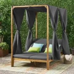 Christopher Knight Home Kinzie Outdoor Acacia Wood 2 Seater Adjustable Daybed with Curtains,Teak/Dark Gray