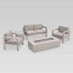 Aviara 5pc Aluminum Chat Set with Fire Pit - Silver/Khaki and Light Gray - Christopher Knight Home