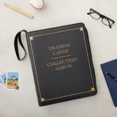 Bright Creations 9 Pocket Trading Card Binder with Removable Sleeves, Holds up to 900 Cards, 14 x 11 In, Black & Gold Faux Leather