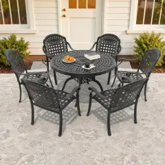 7-Piece Cast Aluminum Outdoor Dining Set with Blue Cushions, Round Table & Stackable Chairs - for Patio, Backyard