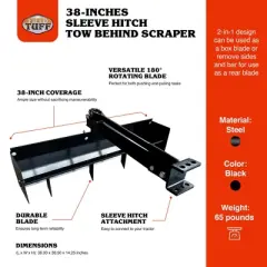 Field Tuff 38 Inch Sleeve Tow Behind Scraper, Durable Black Steel Construction for Garden and Yard Work, Essential Attachment for Landscaping, Black