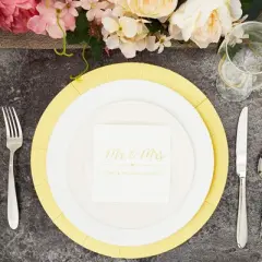 Sparkle and Bash 100x Mr Mrs Gold Foil Disposable Cocktail Napkins for Weddings Party, white 5 inch, 3 Ply