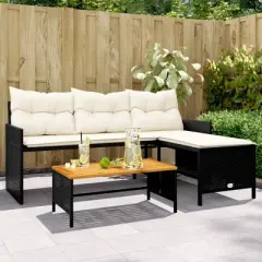 vidaXL L-Shaped Patio Sofa Set - Black Poly Rattan Outdoor Furniture with Acacia Wood Table and Cream White Cushions