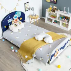 Costway Kids Upholstered Platform Bed Children Twin Size Wooden Bed Astronaut Pattern