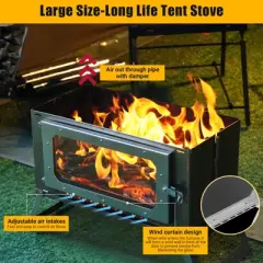 Portable Tent Stove, Wood Burning Stove with View Glass, Large Stainless Steel Stove with 5 Chimney Pipes for Outdoor Camping Heating Cooking
