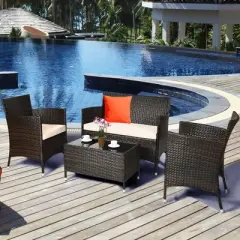 Costway 4PCS Patio Wicker Furniture Set Sofa Chair with Brown & Grey Cushion Covers Garden