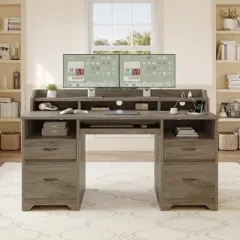 Bestier 59"Wood Executive Desk with Drawers, Computer Desk with Keyboard Tray,Home Office Desk with Charging Station&Monitor Stand&File Cabinet
