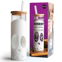 Ototo 17 fl oz Bonesy Glass Tumbler with Lid and Straw, Silicone, Glass, and Bamboo White