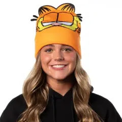 Garfield Beanie Men's Allover Face Design w 3D Ears Fur Tufts Fold Cuff Beanie