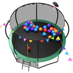 GDFStudio Vivian Outdoor/Indoor Steel Ladder Round Trampoline with Enclosure and Flag