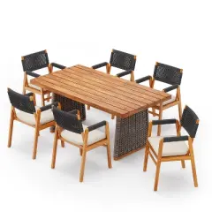 Christopher Knight Home Helena Rustic 7 Piece Outdoor Woven Rope Acacia Wood Dining Set with Rattan Slatted Table