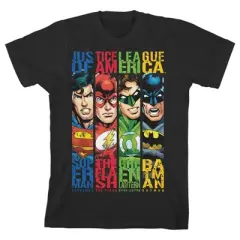 Justice League Character Panels Black T-shirt Toddler Boy to Youth Boy
