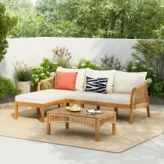 Christopher Knight Home Preston Outdoor Acacia Wood and Wicker 4 Seater Chat Set with Cushions