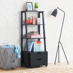 Costway Set of 2 Ladder Shelf 4-Tier Bookshelf Bookcase Storage Leaning With 2 Drawers