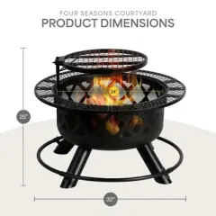 Four Seasons Courtyard 24'' Steel Wood Burning Fire Pit with Removable 360 Degree Swivel Cooking Grill & Collapsible Log Rack for Backyard Patios