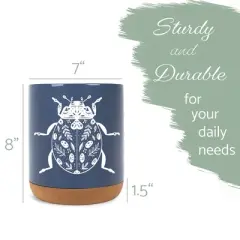 Elanze Designs 8 inch Floral Beetle Large Ceramic Kitchen Utensil Holder Navy Blue and White Crock with Cork Base