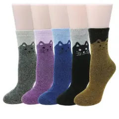 Wrapables Women's Thick Winter Warm Cat Print Wool Socks (Set of 5)