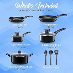 SereneLife 11 Piece Kitchenware Pots & Pans Set &ndash; Basic Kitchen Cookware, Black Non-Stick Coating Inside, Heat Resistant Lacquer (Black)