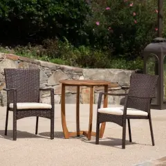 Christopher Knight Home Sloane Outdoor Acacia Wood and Wicker 3 Piece Bistro Set with Cushions