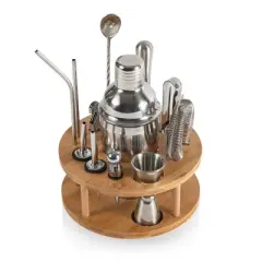 Legacy Bamboo and Stainless Steel Lazy Susan Bar Tool Set Silver Accents