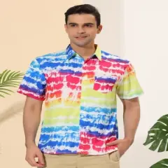 Lars Amadeus Men's Tie-dye Color Block Button Down Hawaiian Short Sleeve Striped Shirts