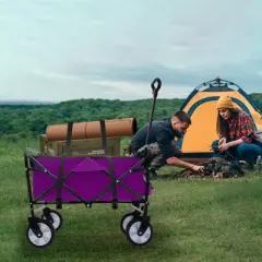 DSVIMOY Collapsible Foldable Wagon Cart with Strapping, Wagon Grocery Cart for Camping Shopping Sports, Purple, 25.98"*17.32"*37.4"
